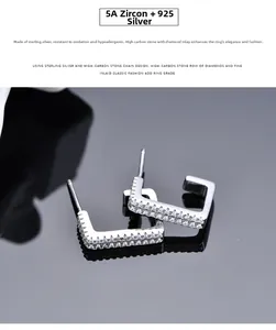 Detail of square S925 sterling silver hoop earrings with double-row 5A zircon inlay