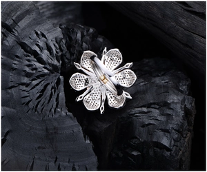Macro shot of S925 silver flower ring back detail and micro-pave zircon setting