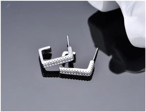 Macro shot of silver rectangular huggie earrings with double rows of sparkling crystals