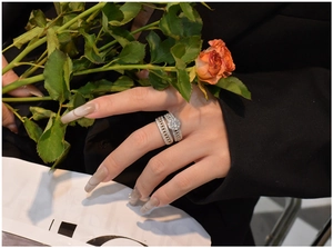 Detail von S925 Silber Halo Verlobungsring-Set am Finger mit funkelnden Kristallen