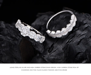 Macro shot of S925 sterling silver snowflake cluster ring set with high carbon diamonds