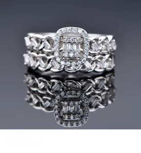 Detailed view of S925 silver braided ring with rectangular zircon and diamond accents