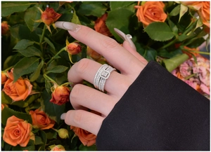 Close-up of S925 silver ring with baguette diamond pavé and square composite setting