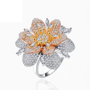 Luxury 925 Sterling Silver Flower Ring For Women Tri-Color Micro Pavé Zirconia Large Statement Cocktail Finger Ring Jewelry