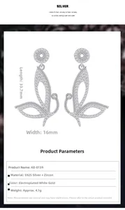 Vue détaillée des boucles d'oreilles papillon en argent S925 avec dimensions et zircon