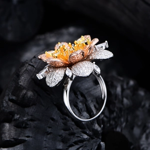 Exquisite three-tone micro-paved zircon lotus flower ring with S925 silver finish