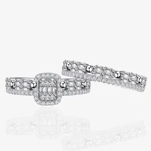 Luxury 925 Sterling Silver Zirconia Ring Set For Women Geometric Rectangular Halo Engagement Wedding Band Fashion Layering Jewelry