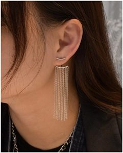 Detailed view of silver long fringe tassel earrings on model showing 925 silver texture