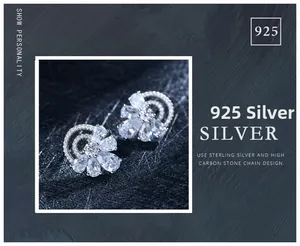 Detailed macro view of S925 sterling silver petal-shaped stud earrings with inlaid diamonds