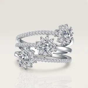 Bague Flocon de Neige à Trois Couches en Argent Sterling 925 Zirconia Brillant Micro Incrusté Bague de Déclaration Bijoux de Mode Femme
