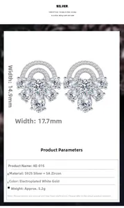 Detailed view of S925 silver stud earrings with 5A zircons showing 17.7mm width dimensions