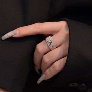 S925 silver multi-layer stackable ring set with rectangle zirconia on black suit background
