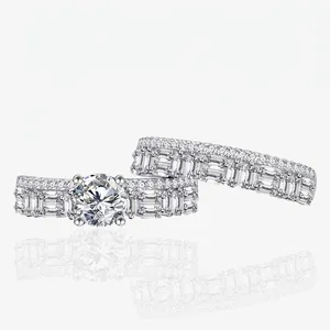 925 Sterling Silver Engagement Ring And Pave Band For Women Round Cut Rhinestone Baguette Cut Geometric Fashion Rings Jewelry