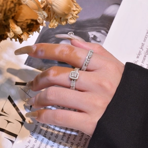 Sparkling S925 sterling silver stacked ring set with rectangular cubic zirconia on a model