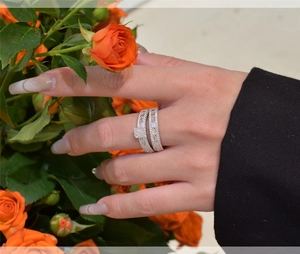 Close-up of S925 sterling silver ring set featuring a large emerald cut cubic zirconia