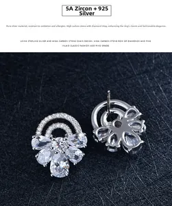 Detailed view of S925 silver stud earrings featuring 5A cubic zirconia floral petals