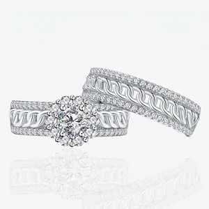 S925 Sterlingsilber Ring Set Für Damen Rund Zirkonia Halo Verlobungsring Bordsteinkette Band Mikro Pflaster Hochzeit Ringe