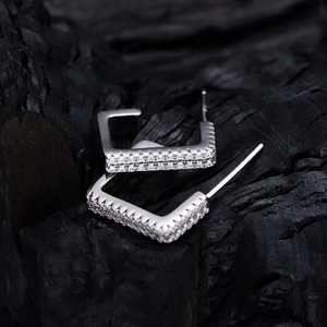 Minimalist S925 sterling silver rectangular hoop earrings with pavé-set cubic zirconia