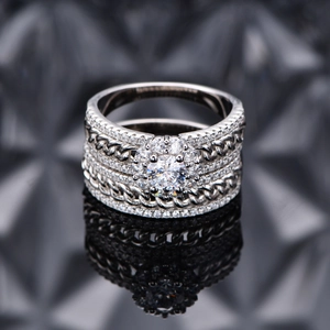 S925 Silberring-Set mit Kettenmuster und funkelndem Schneeflocken-Cluster aus Diamanten
