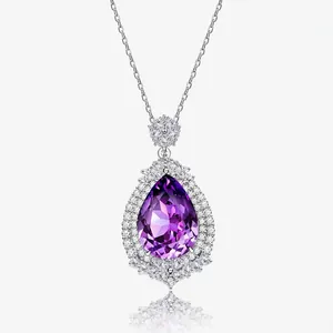925 Sterling Silver Waterdrop Pendant Necklace Elegant Purple White Rhinestone Inlaid Clavicle Chain For Women Jewelry Gift