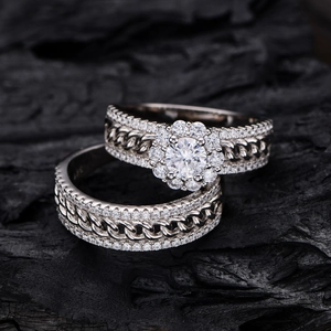 Funkelndes S925 Silber Schneeflocken Ring-Set mit Diamantschliff und Kettenelementen