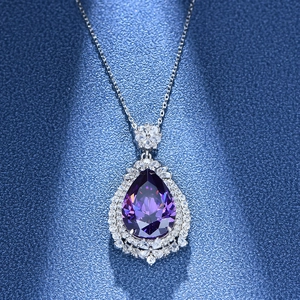 Elegant 925 silver necklace with pear-cut purple gemstone and double halo diamond setting
