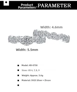 Detailed size chart showing 4.6mm and 5.5mm widths for S925 silver micro-set zircon rings