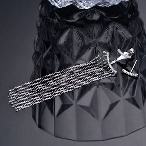 Asymmetric 925 silver fringe earrings with long metal chain tassels and sparkling zircon