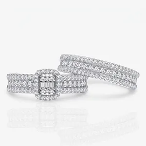 Luxurious 925 Sterling Silver Geometric Stackable Ring Set For Women Full Rhinestone Inlaid Double Layer Wedding Jewelry