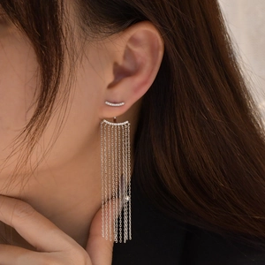 925 silver long tassel earrings with sparkling cubic zirconia in asymmetrical design
