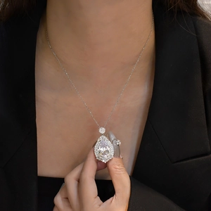 Elegant 925 silver pear-cut purple zircon pendant necklace with double halo diamonds