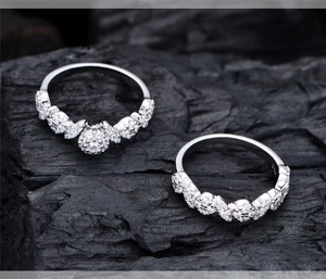 Macro shot of S925 sterling silver micro-pave flower ring set with brilliant zircons