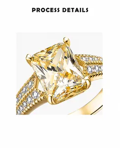 Macro detail of radiant cut yellow gemstone ring with micro-pave setting in 14k gold