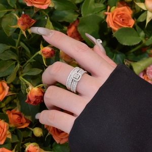 Luxury S925 silver stacked ring set with emerald-cut center stone and pave zircon