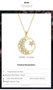 Detailed S925 silver star and moon pendant necklace specifications and product dimensions