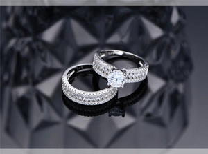 Macro detail of S925 sterling silver bridal ring set with sparkling zircon in six-prong setting