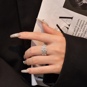 Luxurious S925 silver wide stacked ring set with emerald cut zircon worn by model