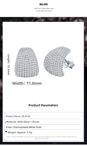 Detailed view of S925 silver pave CZ stud earrings showing 15.3mm x 11.8mm dimensions