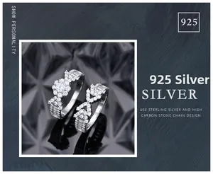 Macro shot of 925 silver ring set with high carbon stones in elegant flower and V design