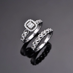 S925 silver double ring set with halo square crystal and hollow woven band design