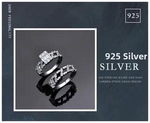 Macro shot of 925 sterling silver stacked rings with rectangular cubic zirconia