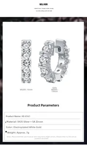 Detail view of S925 sterling silver hoop earrings with 5A zircon inlay and 4mm width