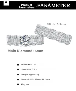 Macro detail of S925 silver wave ring showing main 6mm zircon and technical specs