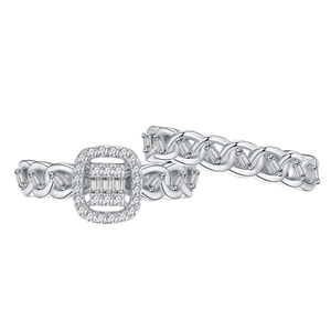S925 silver chain twisted ring set with rectangular cubic zirconia stones in white gold finish
