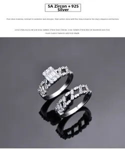 Detailed view of S925 silver double ring set with square zircon and micro-pave setting