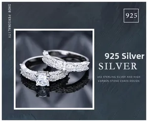 Macro shot of 925 sterling silver bridal ring set featuring main stone and pavé band