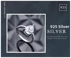 Macro shot of 925 silver ring featuring pear-cut diamond and micro-pave setting detail