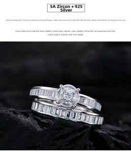 Dettaglio del set di anelli in argento S925 con zirconi 5A di alta qualità e incastonatura