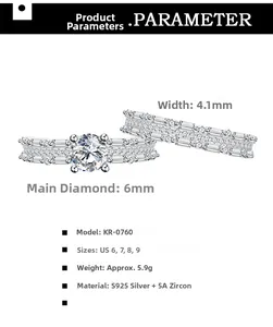 Detailed spec sheet for S925 silver ring set with 6mm 5A zircon and 4.1mm band width