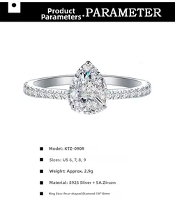 Detailed specs of pear-cut flower ring in S925 silver with pave-set zircon stones
